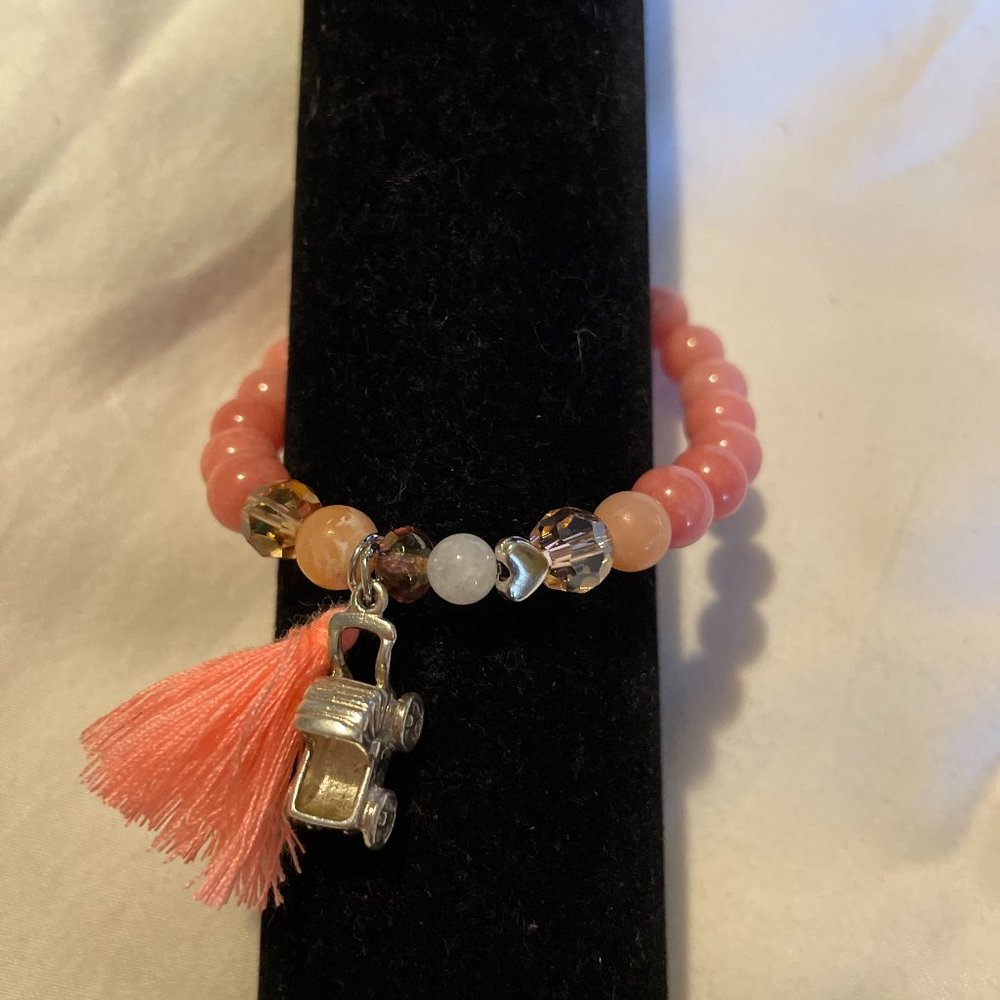 Pink opal bracelet/sterling silver baby carriage